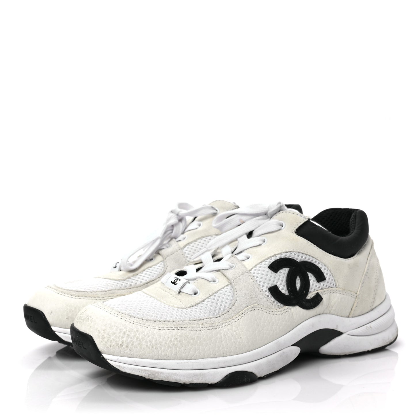 Mesh Suede Calfskin Grained Calfskin Womens CC Sneakers 41 White Black