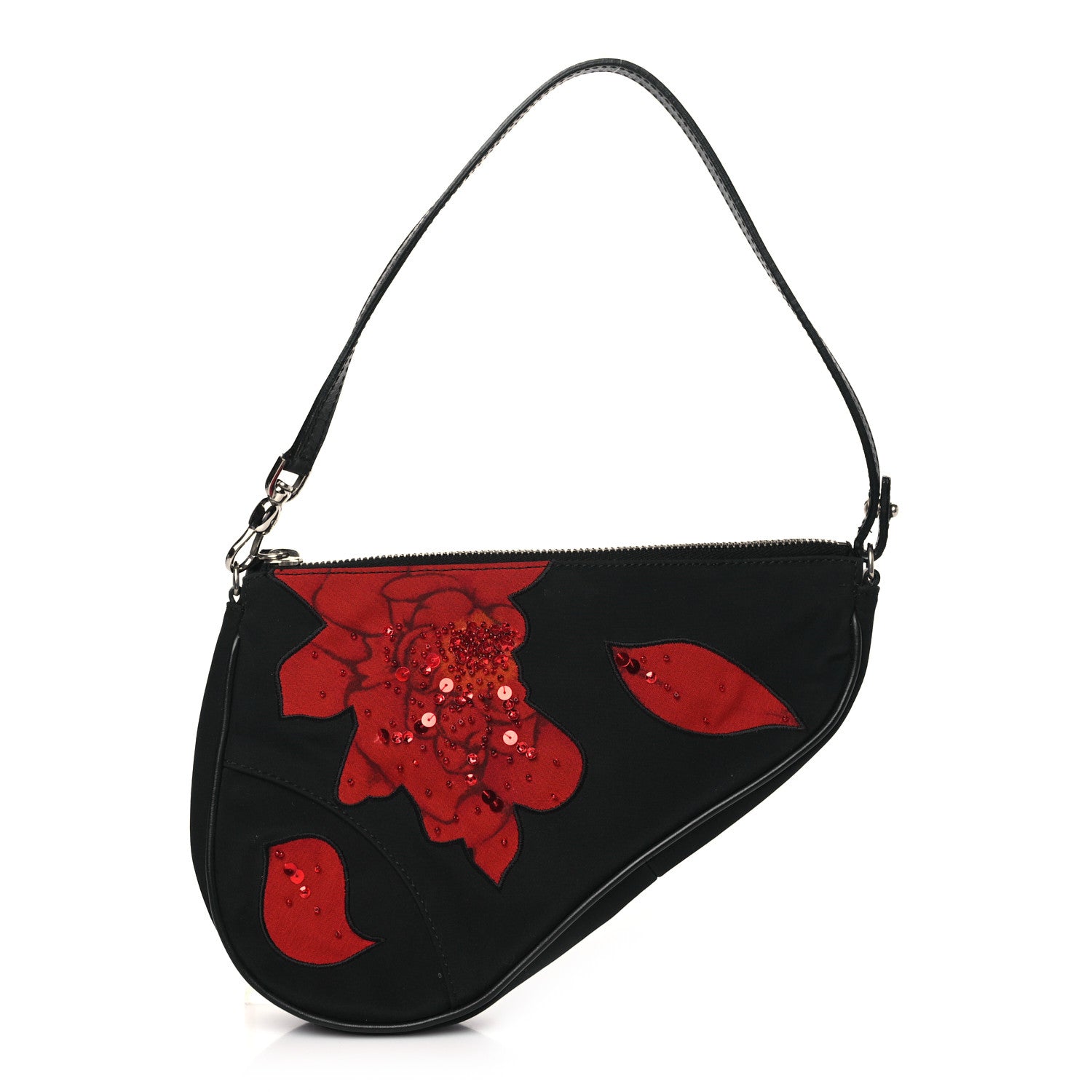 Christian Dior Canvas Stitched Flower Sequins Mini Saddle Pochette Black Red 1 of 11
