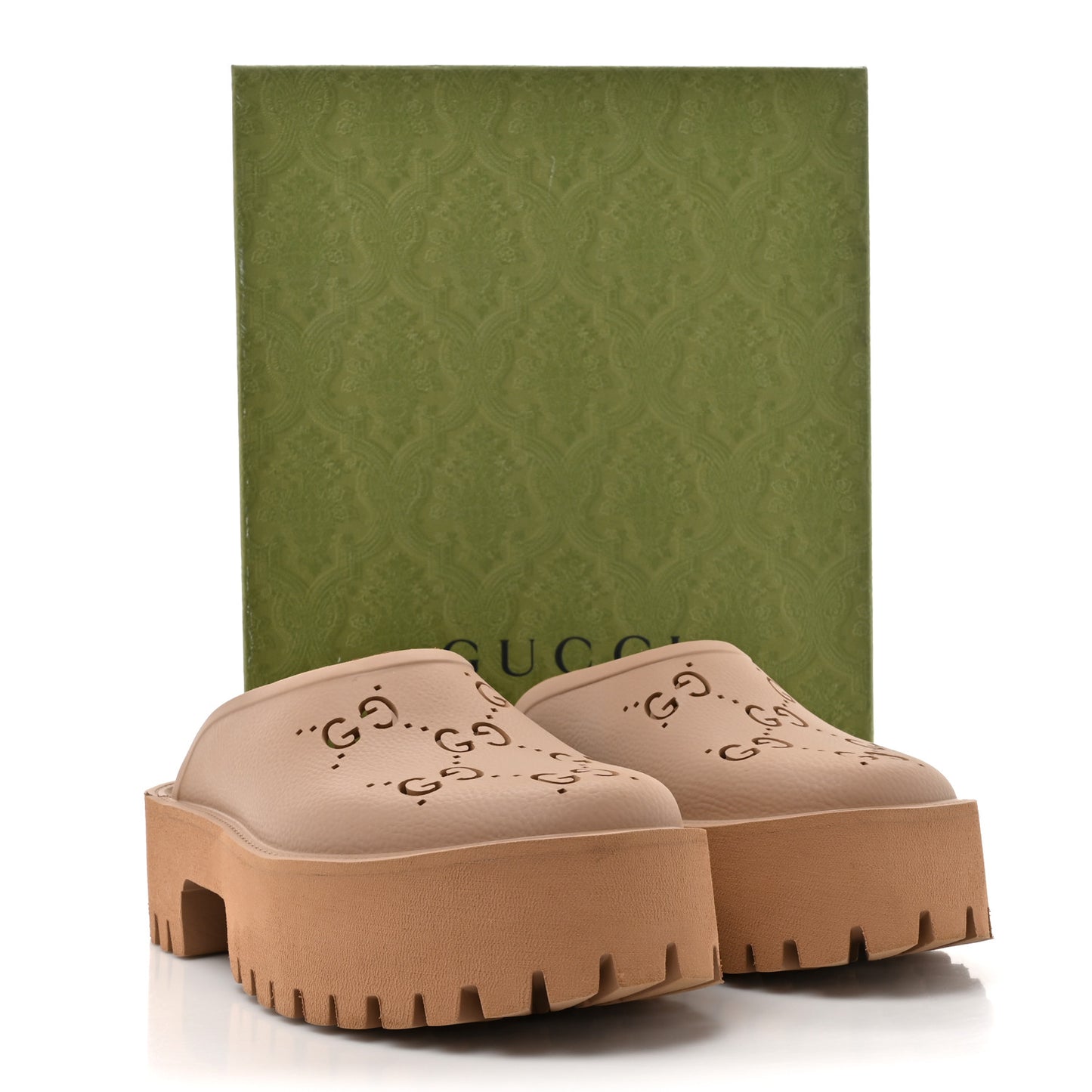 Rubber GG Monogram Perforated Elea Platform 55mm Lug Sole Sandals 41 Vintage Camel