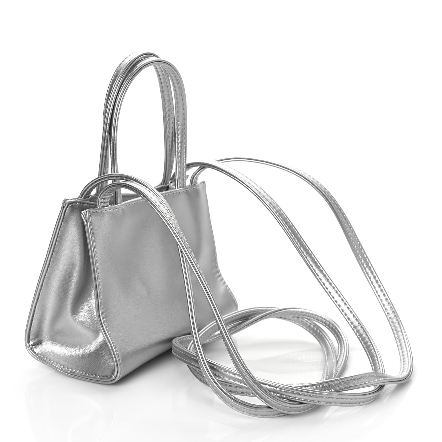 Metallic Vegan Leather Small Shopping Bag Silver
