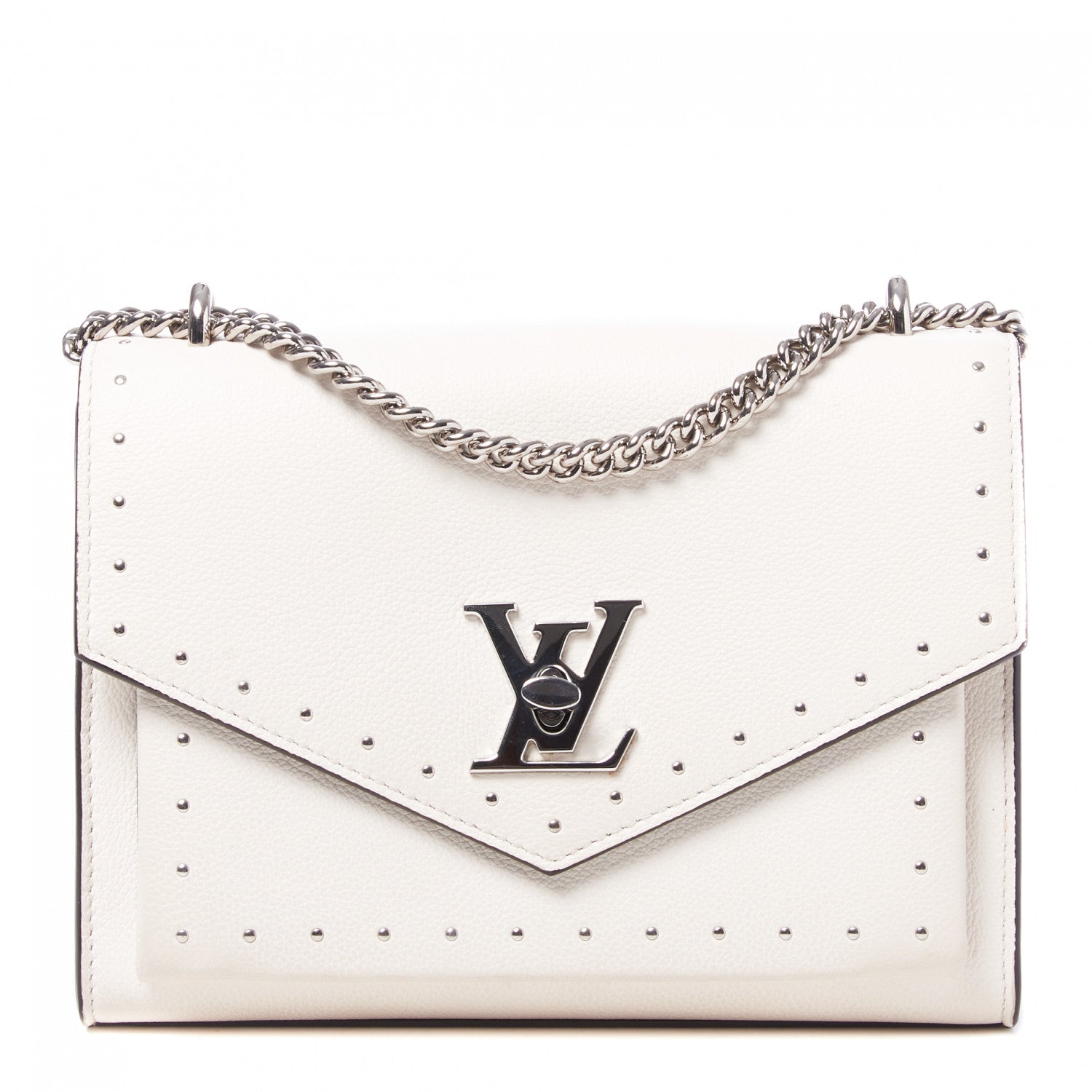 Louis Vuitton Soft Calfskin Studded Mylockme Chain Bag BB White 1 of 10