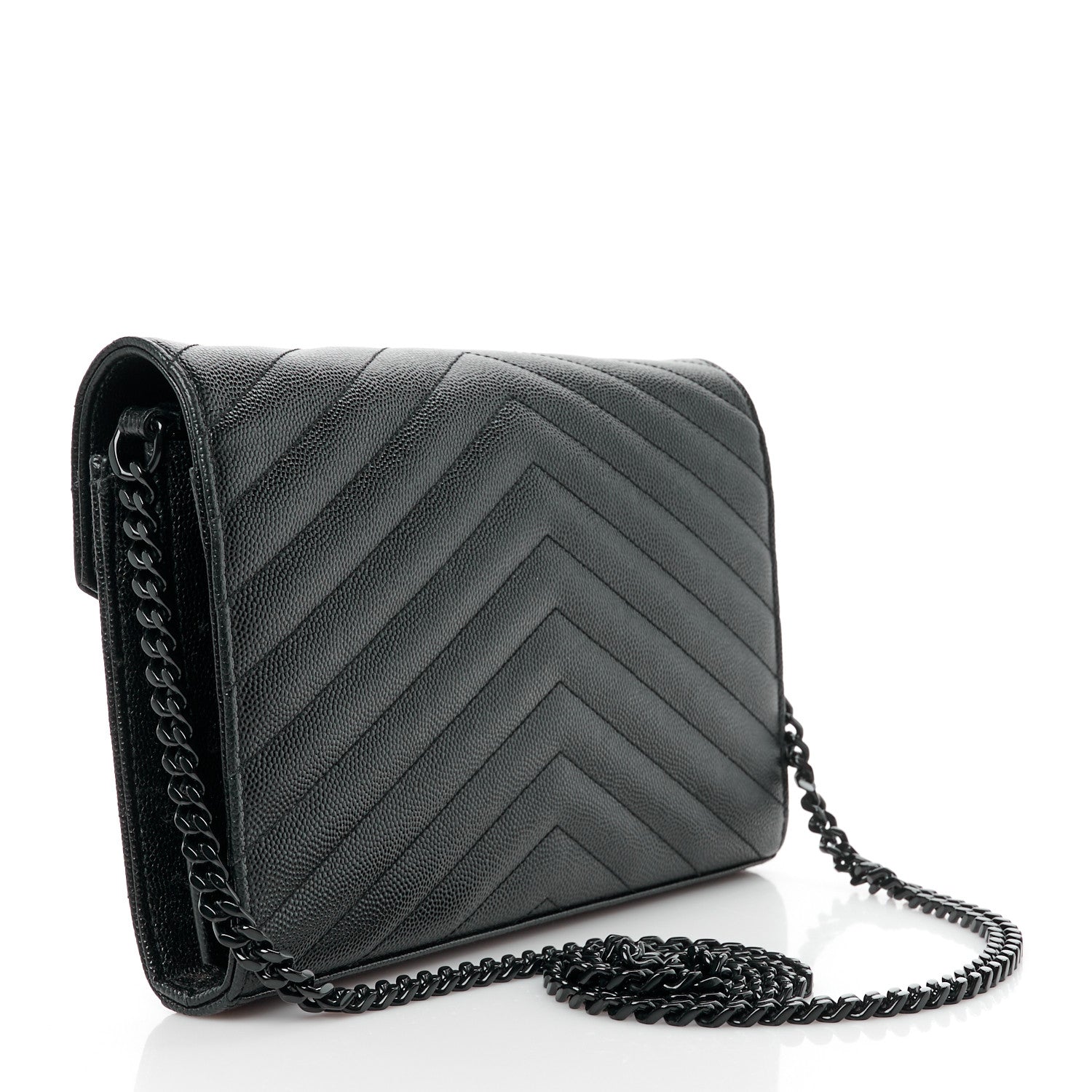 Saint Laurent Grain De Poudre Matelasse Chevron Monogram Monochrome Chain Wallet Black 3 of 11