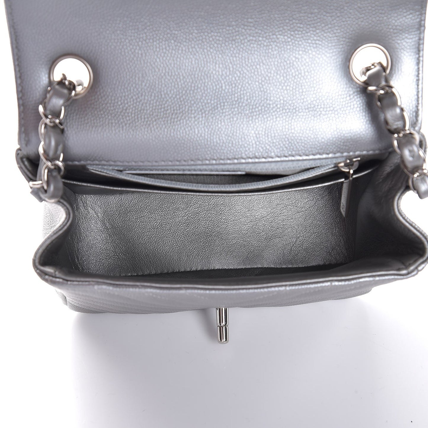 Metallic Caviar Chevron Quilted Mini Square Flap Silver
