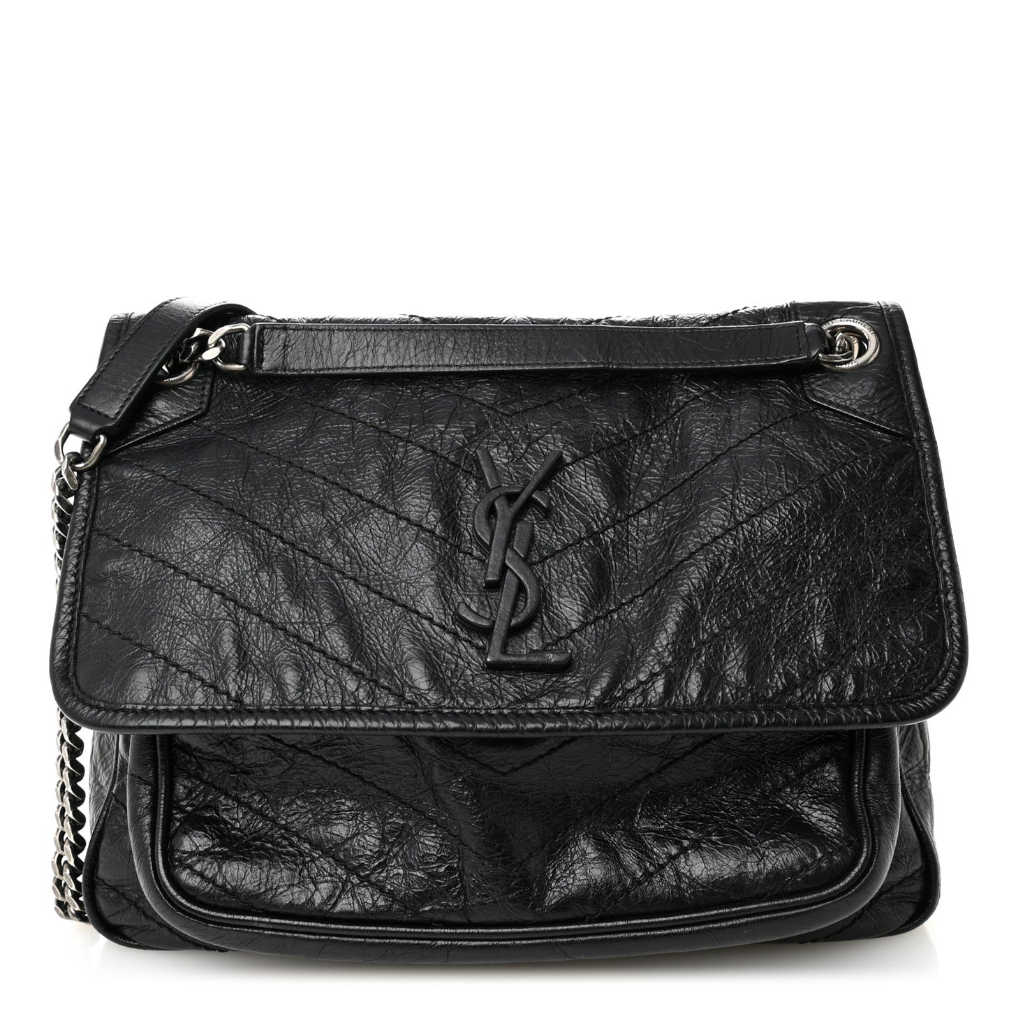 Crinkled Calfskin Matelasse Monogram Medium Niki Chain Satchel Black