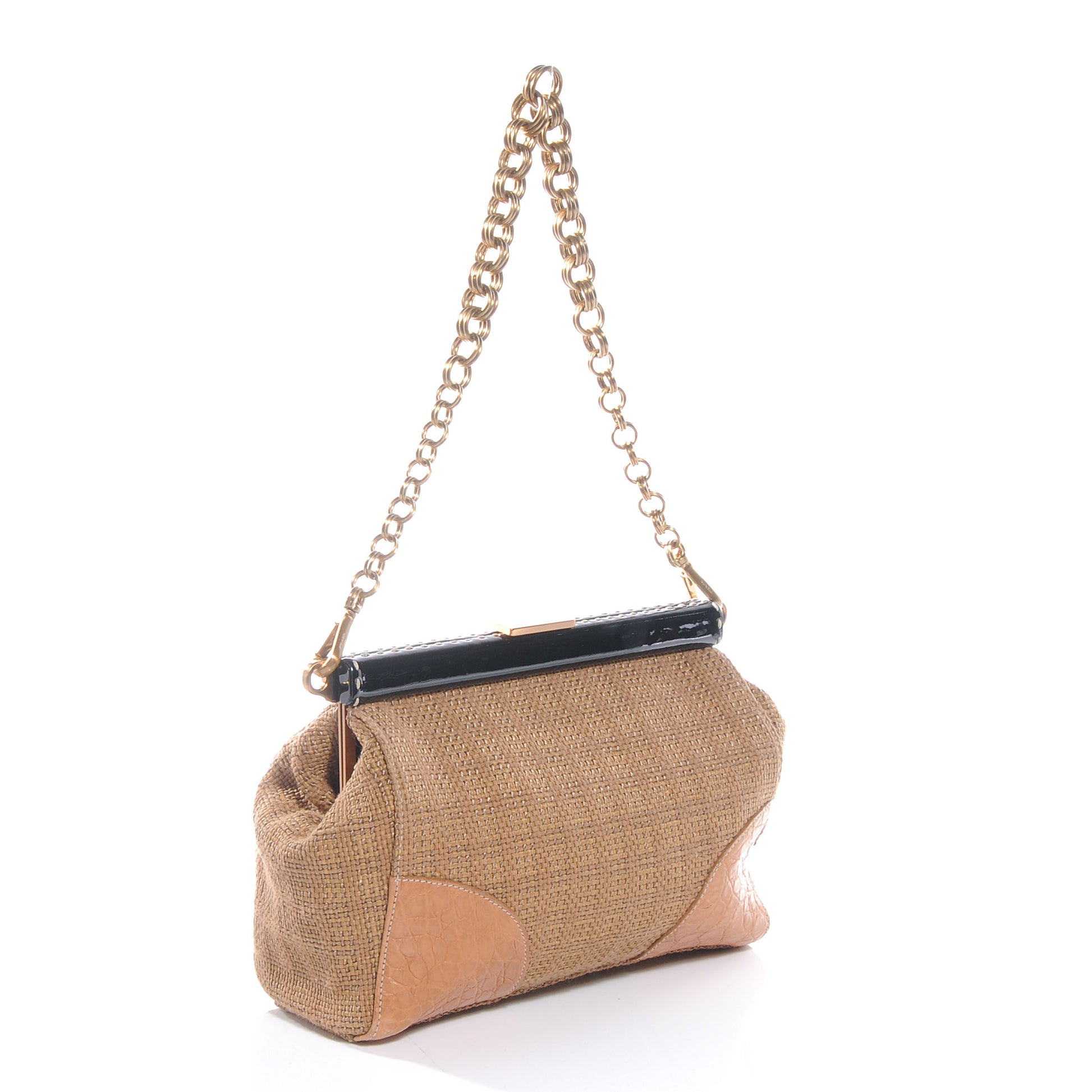 Prada Straw Crocodile Woven Semitracolla Frame Bag Tabacco Naturale 3 of 9