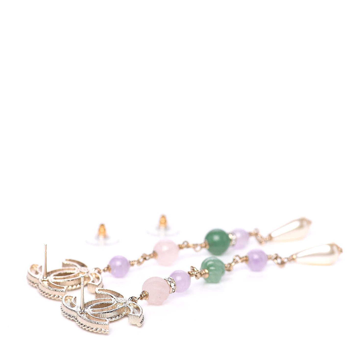 Crystal Pearl Beaded CC Long Drop Earrings Gold Multicolor