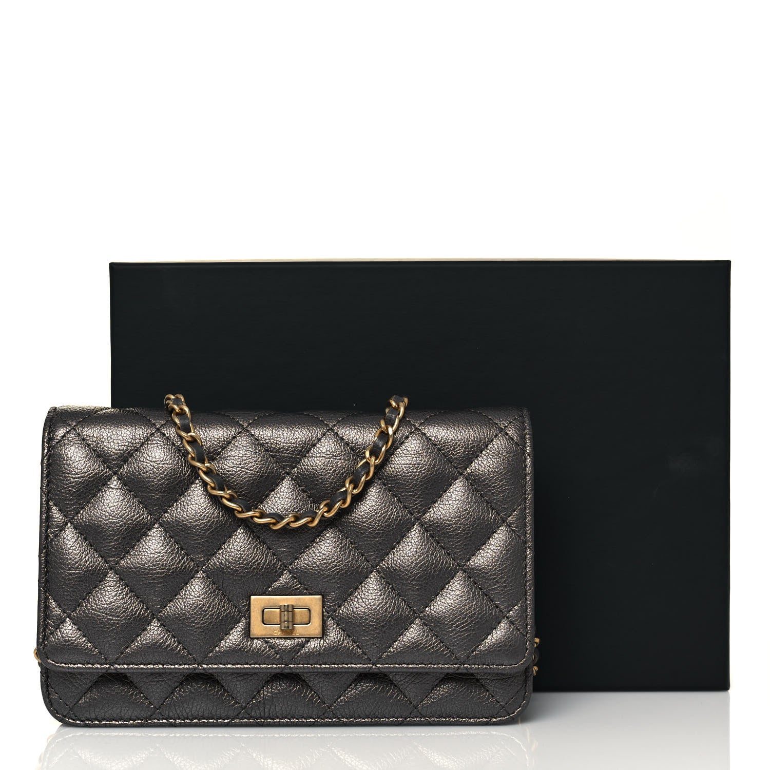 Chanel Metallic Calfskin Quilted Reissue Wallet On Chain WOC Charcoal 14 of 14