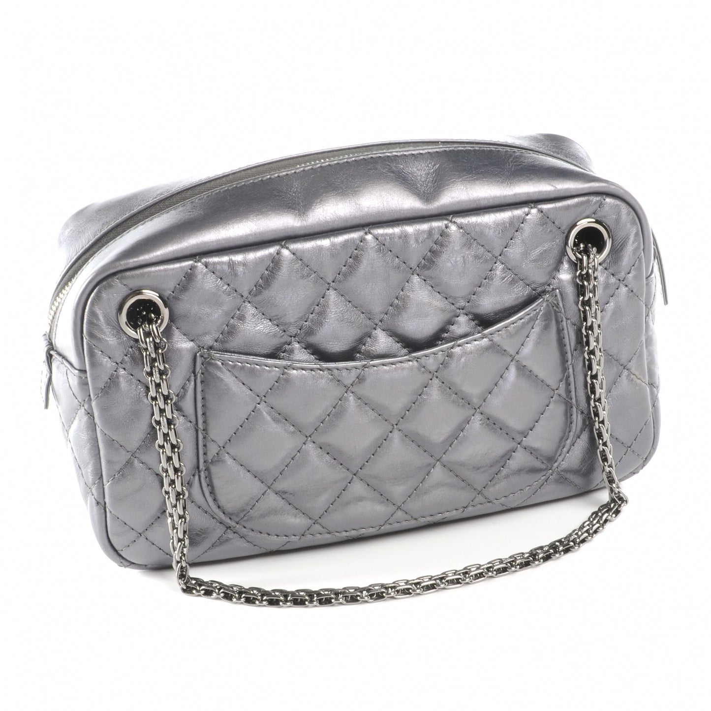 Metallic Aged Calfskin Quilted Medium Reissue Camera Case Dark Silver