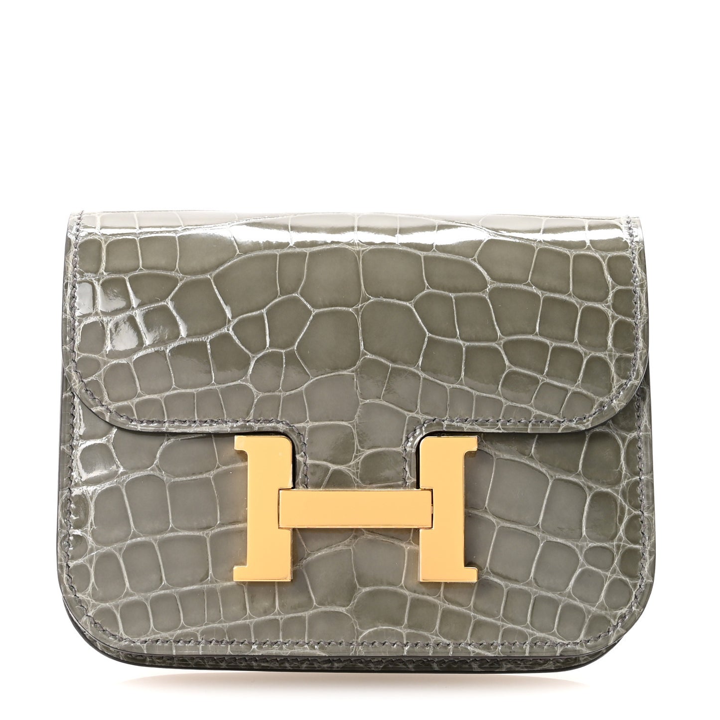 Shiny Alligator Constance Slim Wallet Gris Ciment