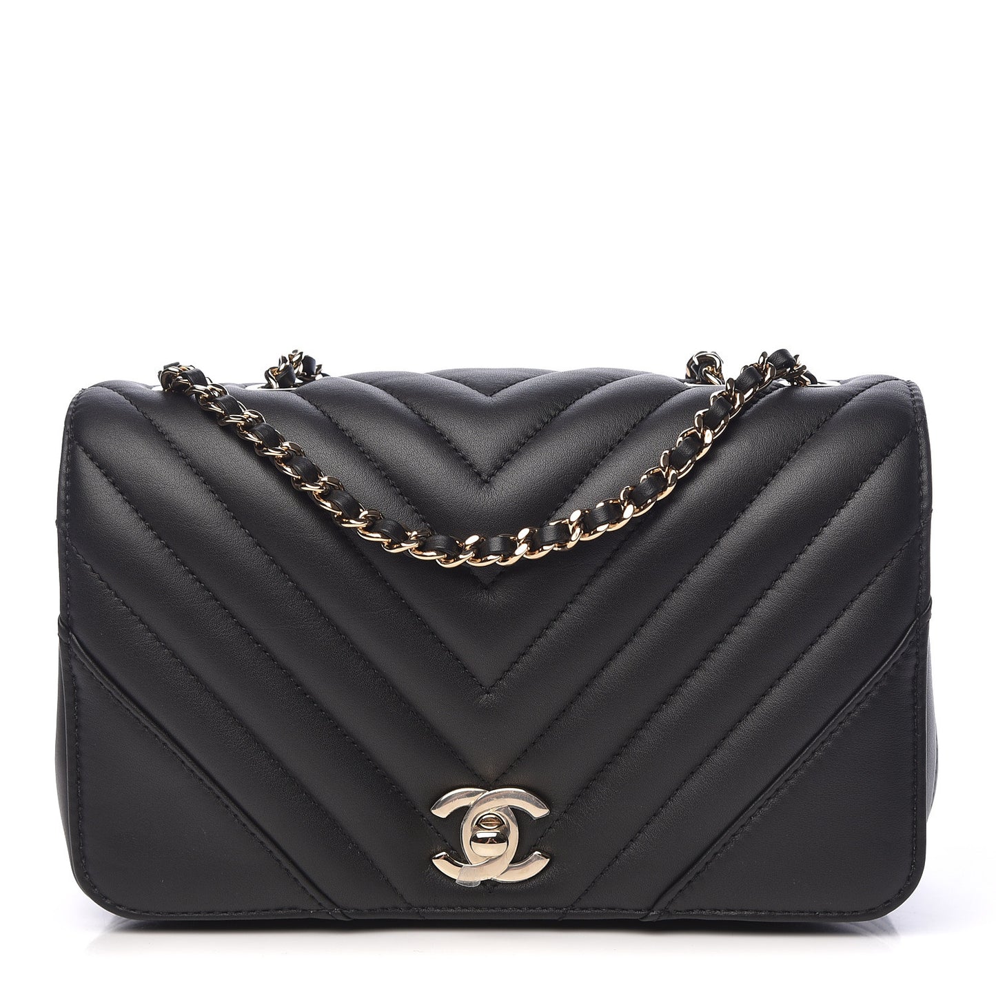 Calfskin Chevron Quilted Mini Statement Flap Black