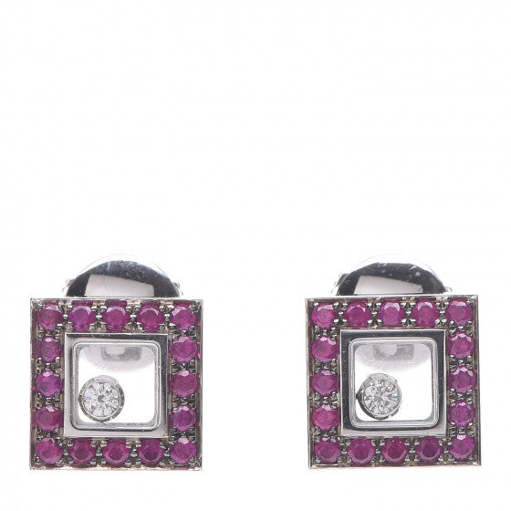 Chopard 18K White Gold Diamond Ruby Happy Diamonds Square Earrings 1 of 5