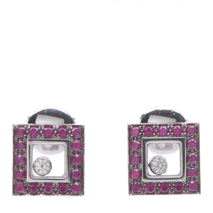 Chopard 18K White Gold Diamond Ruby Happy Diamonds Square Earrings 1 of 5