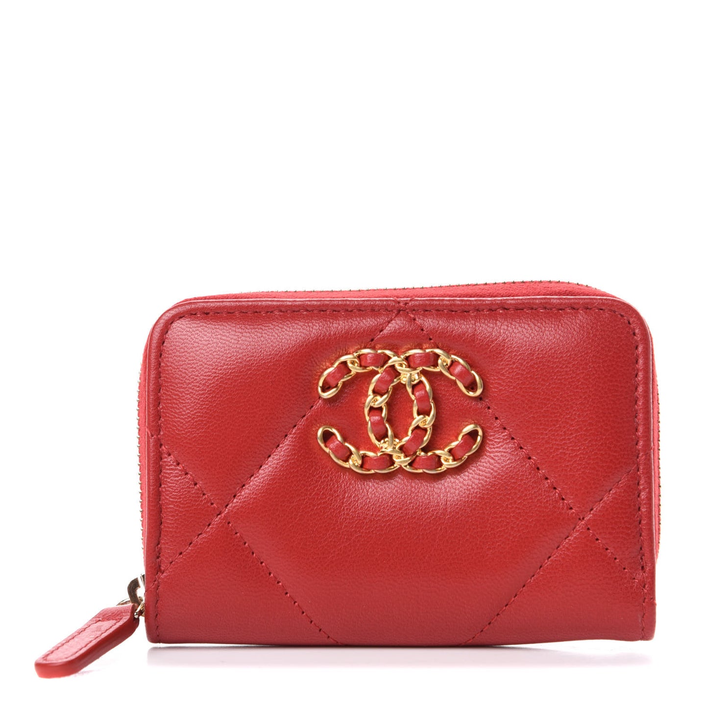 Goatskin Quilted Chanel 19 Zip Around Coin Purse Wallet Red