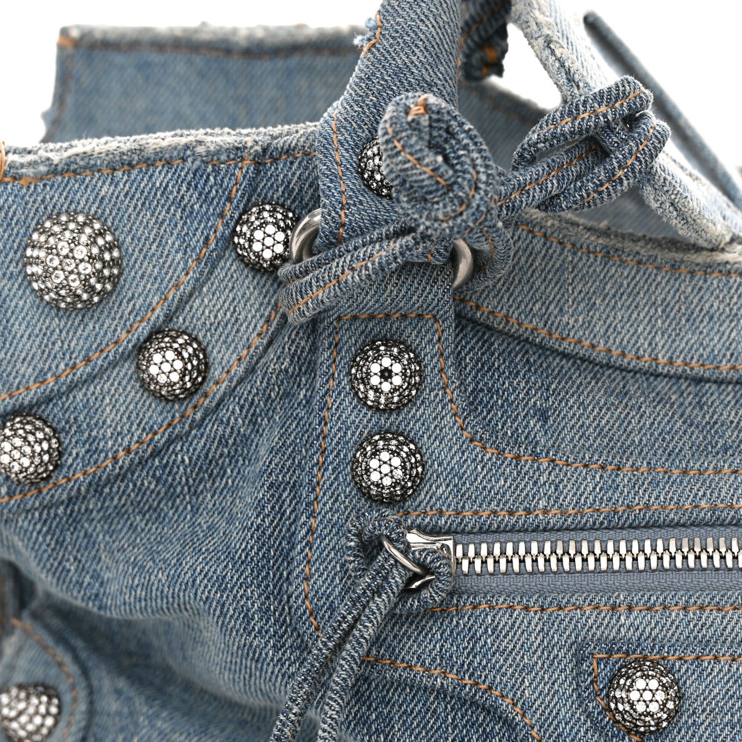 Balenciaga Washed Frayed Denim Crystal Neo Cagole City Handbag Blue 13 of 16
