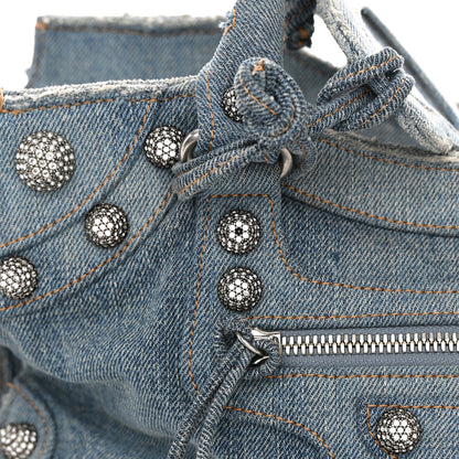Balenciaga Washed Frayed Denim Crystal Neo Cagole City Handbag Blue 13 of 16