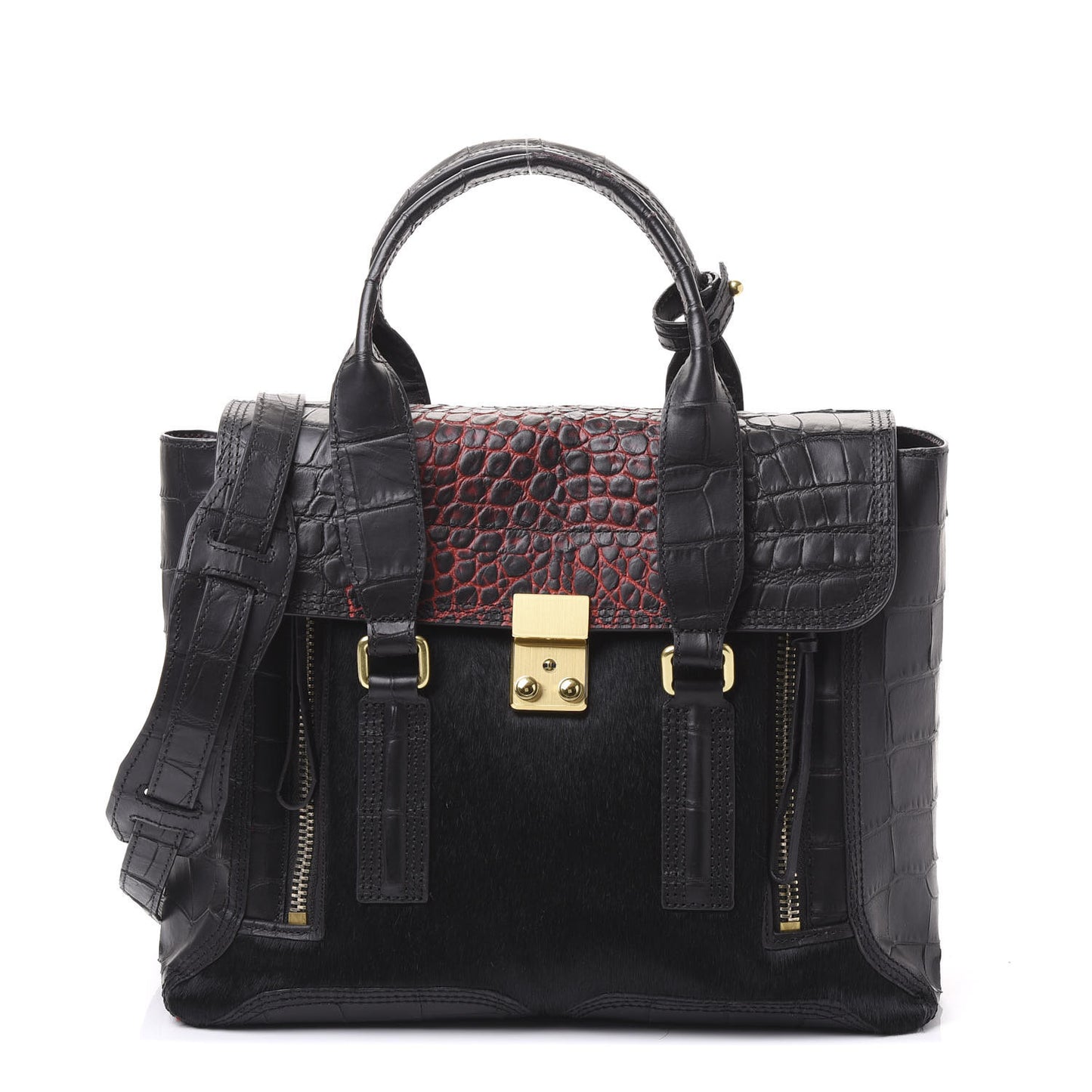 3.1 Calf Hair Calfskin Crocodile Embossed Medium Pashli Satchel Antique Red Black