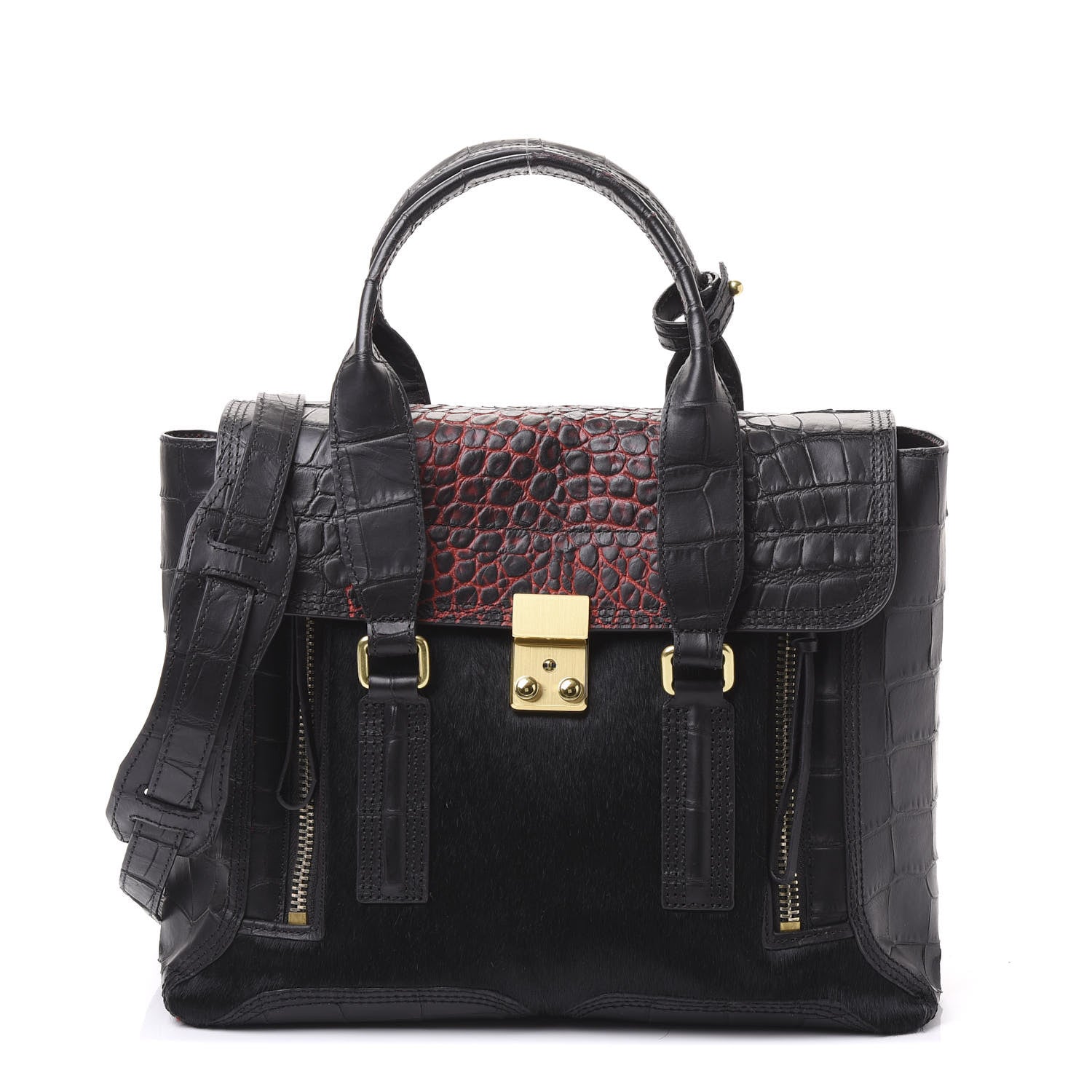 3.1 Phillip Lim 3.1 Calf Hair Calfskin Crocodile Embossed Medium Pashli Satchel Antique Red Black 1 of 8