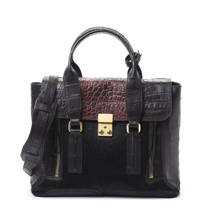 3.1 Phillip Lim 3.1 Calf Hair Calfskin Crocodile Embossed Medium Pashli Satchel Antique Red Black 1 of 8