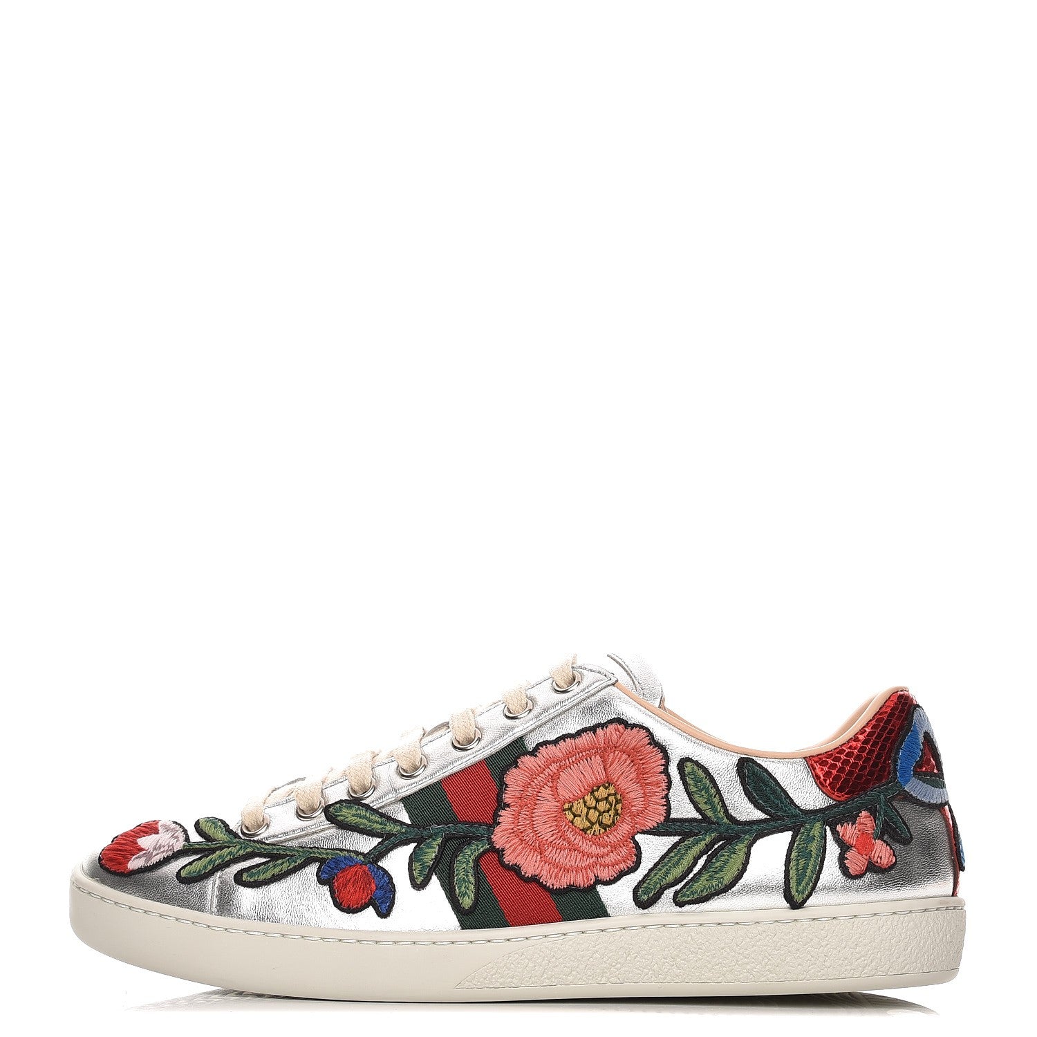 Gucci Metallic Calfskin Floral Embroidered Ace Sneakers 38 Silver 1 of 11