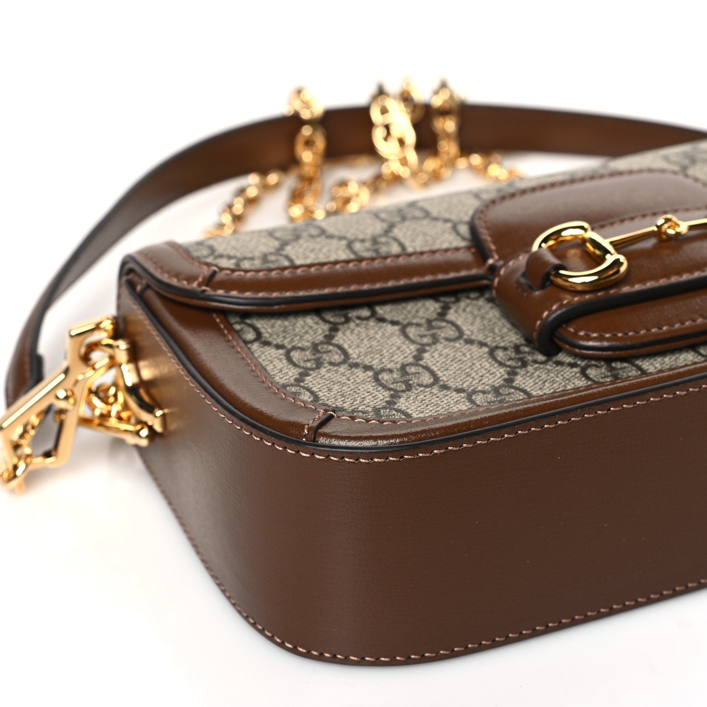GG Supreme Monogram Small Horsebit 1955 Chain Shoulder Bag Beige Ebony Brown Sugar