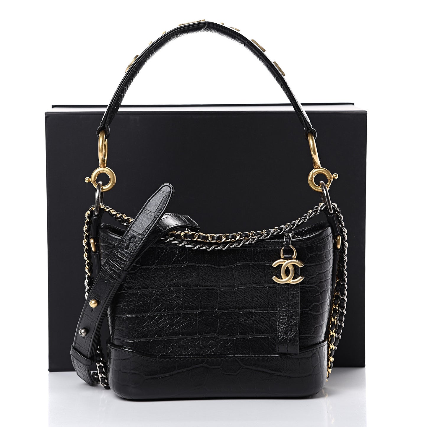 Calfskin Crocodile Embossed Small Gabrielle Cocodile Hobo Black