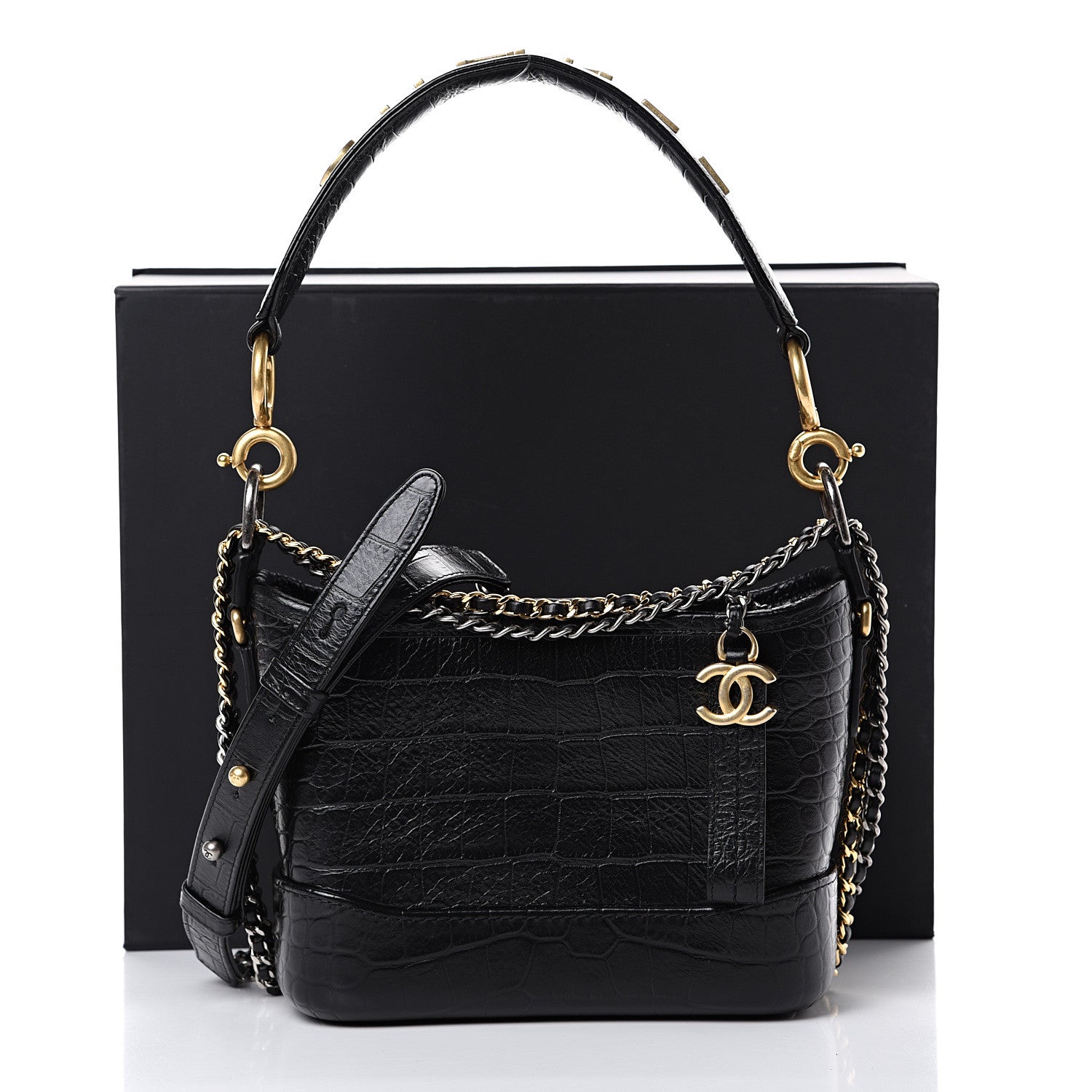 Chanel Calfskin Crocodile Embossed Small Gabrielle Cocodile Hobo Black 11 of 11