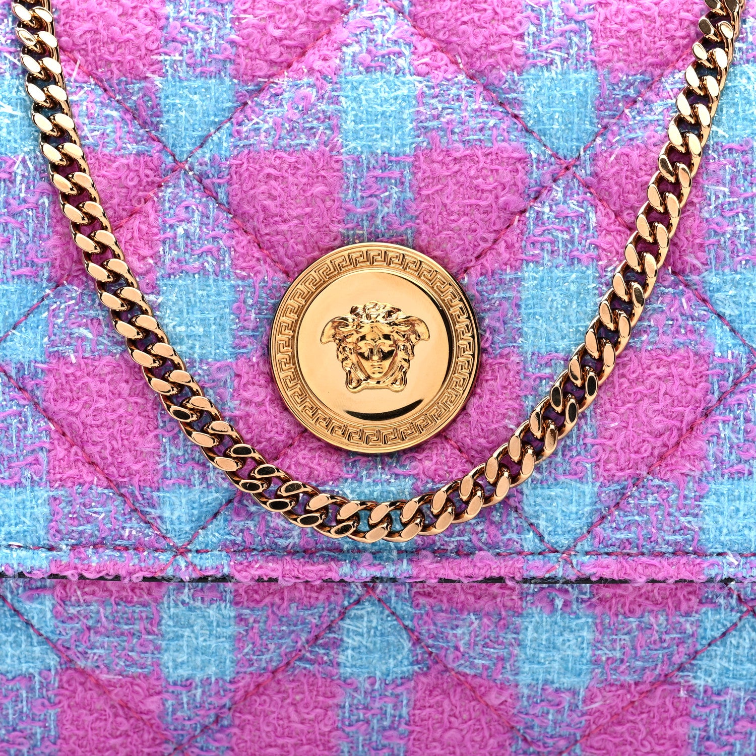 Versace Tweed Quilted Medusa Wallet on Chain Crossbody Pink Blue 7 of 9