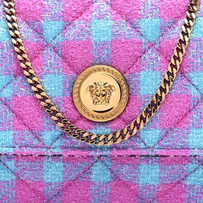 Versace Tweed Quilted Medusa Wallet on Chain Crossbody Pink Blue 7 of 9