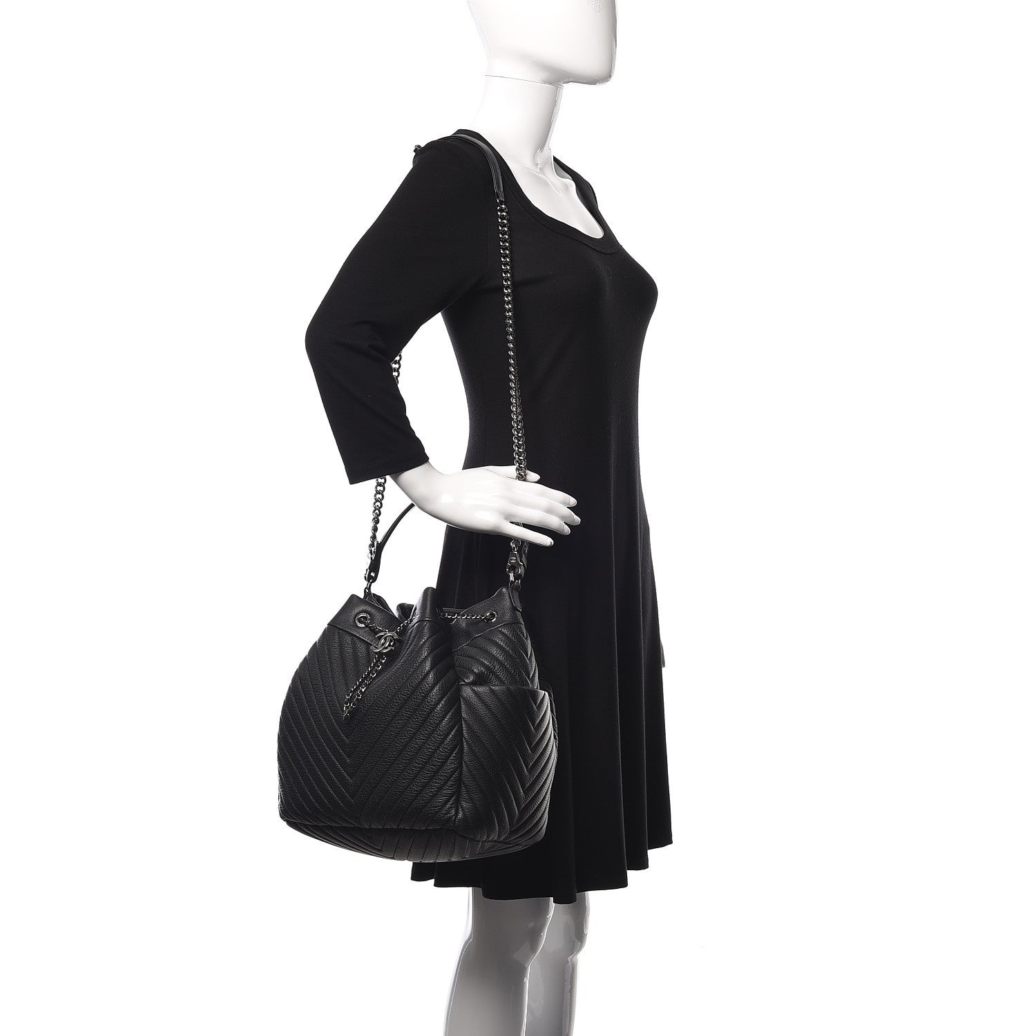 Chanel Deerskin Chevron Large CC Chain Bucket Drawstring Bag Black 2 of 10