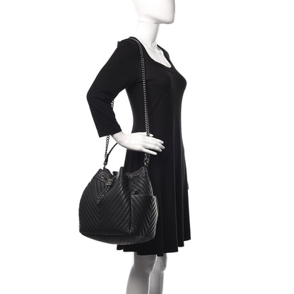 Chanel Deerskin Chevron Large CC Chain Bucket Drawstring Bag Black 2 of 10