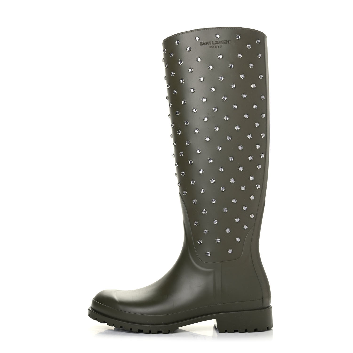 Saint Laurent Rubber Studded Festival Rain Boots 39 New Kaki Fonce 1 of 4
