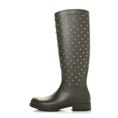 Saint Laurent Rubber Studded Festival Rain Boots 39 New Kaki Fonce 1 of 4