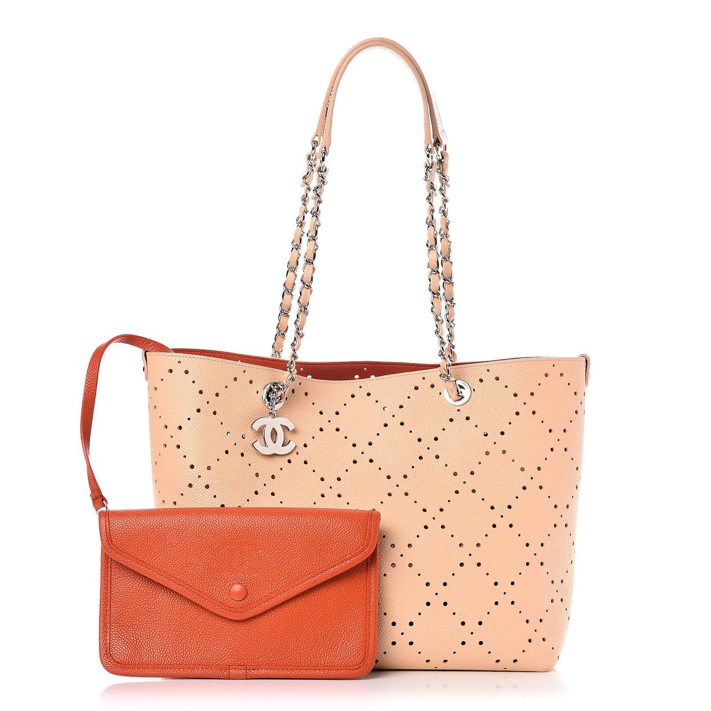 Perforated Grained Calfskin Small Shopping Tote Light Coral