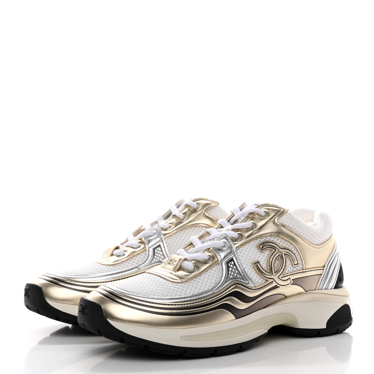 Chanel Fabric Laminated Calfskin Stretch CC Womens Sneakers 39 White Gold Silver 3 of 11