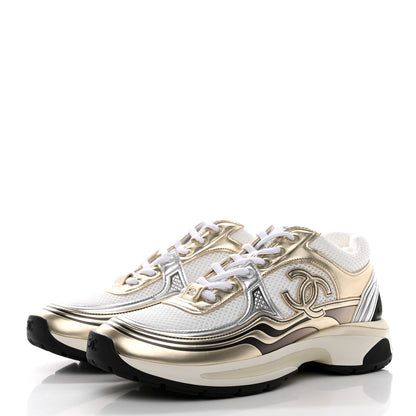 Chanel Fabric Laminated Calfskin Stretch CC Womens Sneakers 39 White Gold Silver 3 of 11