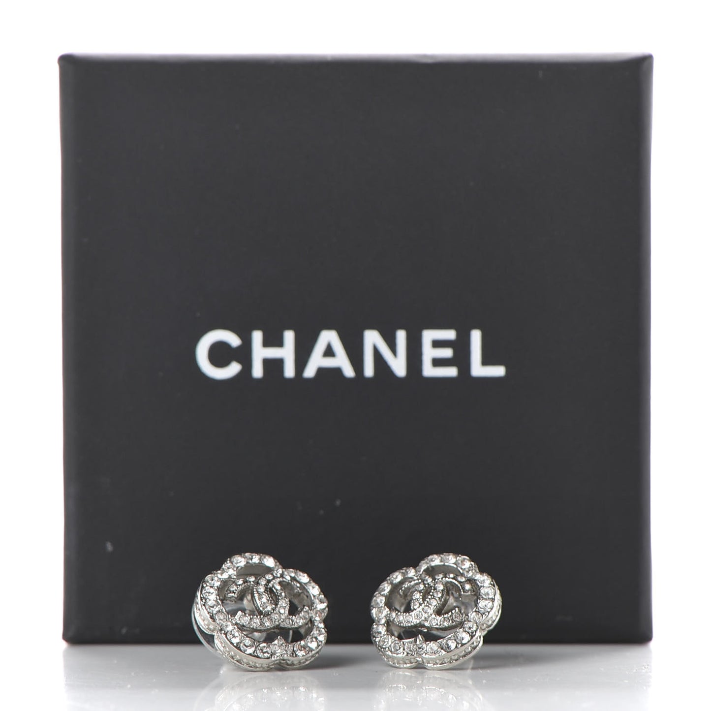 Crystal Coco Flapper Camellia CC Stud Earrings Silver