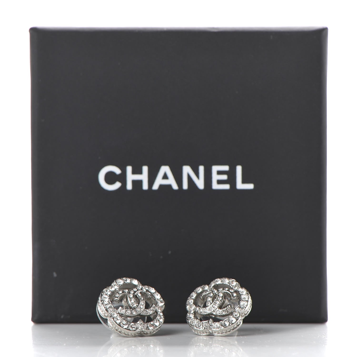 Chanel Crystal Coco Flapper Camellia CC Stud Earrings Silver 7 of 7