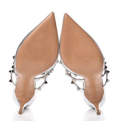 Valentino Garavani Metallic Pebbled Calfskin Rockstud 90mm Cage Mules 36.5 Silver 5 of 10