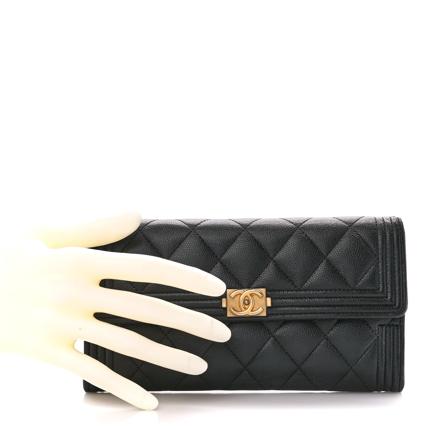 Caviar Quilted Large Boy Gusset Flap Wallet Black