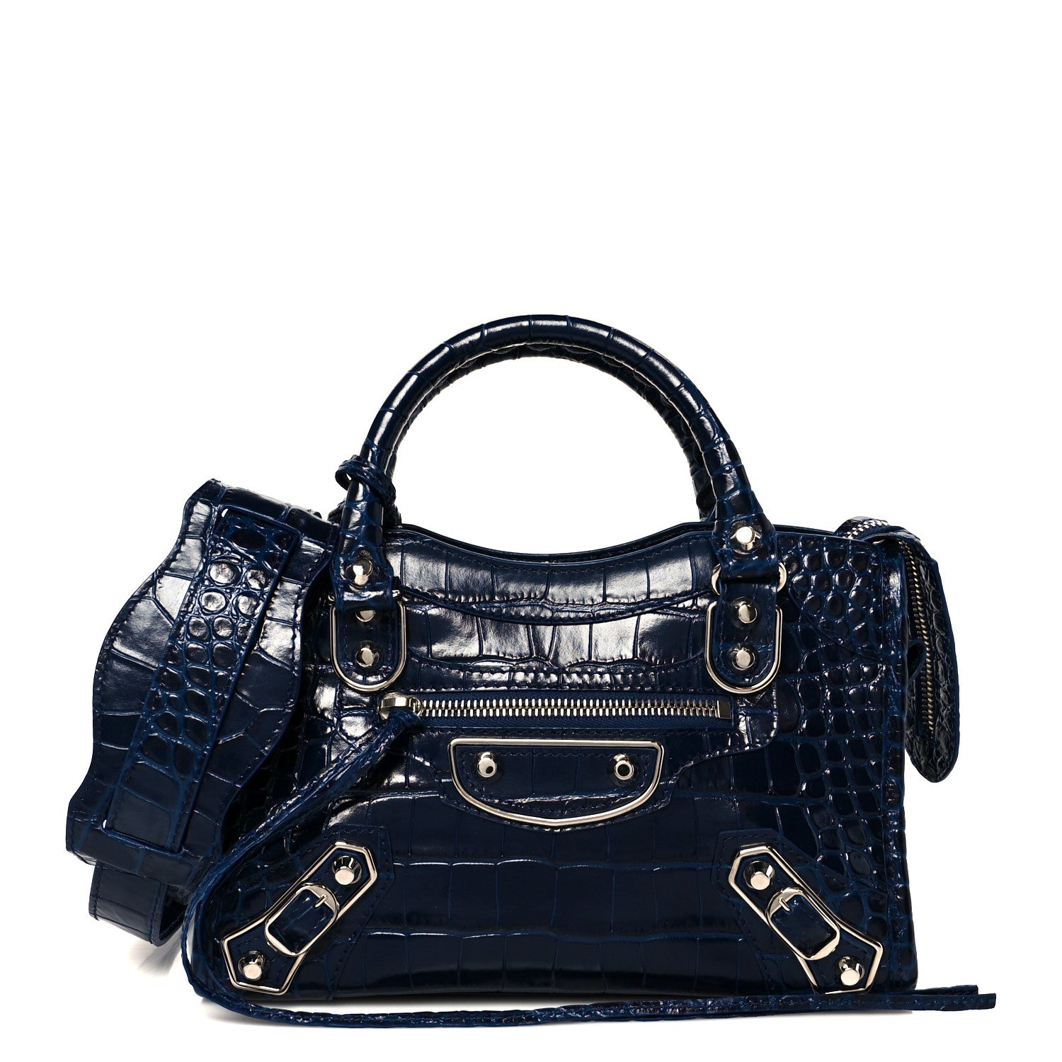 Balenciaga Shiny Supple Calfskin Crocodile Embossed Silver Metallic Edge Hardware Mini City Navy 1 of 11
