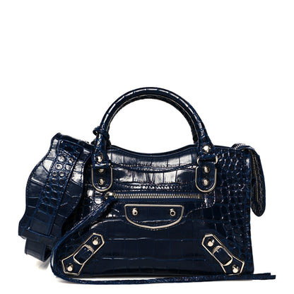 Balenciaga Shiny Supple Calfskin Crocodile Embossed Silver Metallic Edge Hardware Mini City Navy 1 of 11
