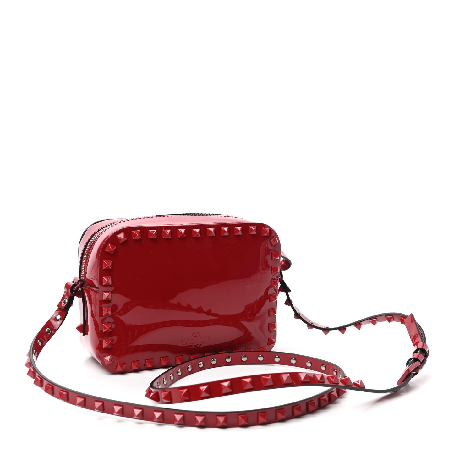 Patent Monochrome Rockstud Camera Crossbody Bag Rosso Valentino