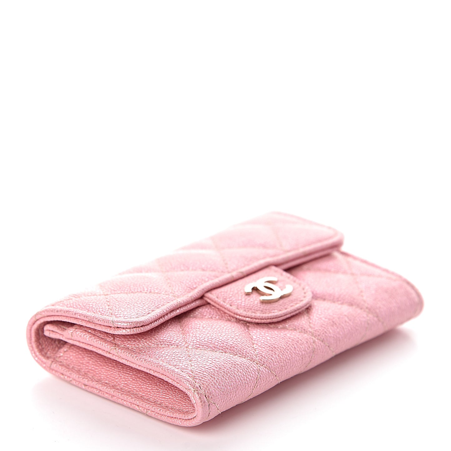 Iridescent Caviar Quilted Flap Card Holder Rose Pink