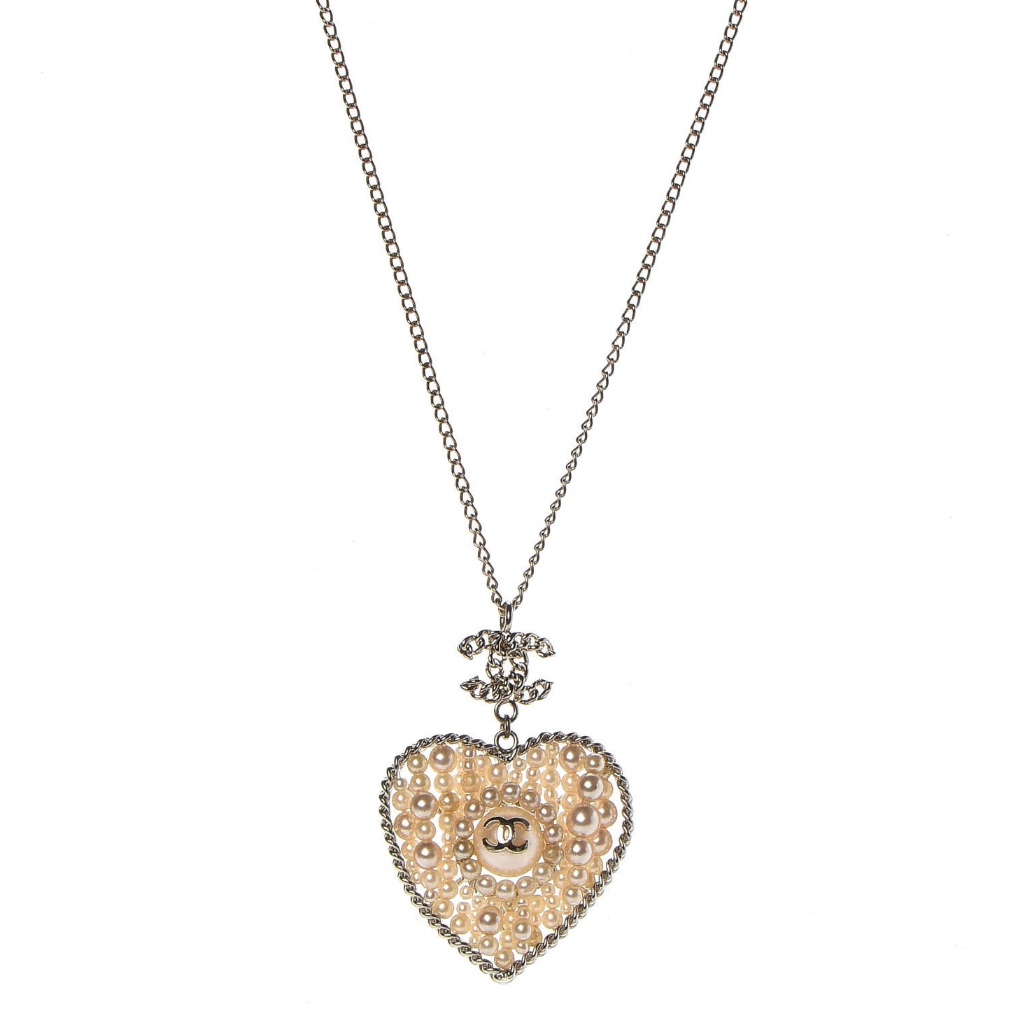 Pearl CC Chain Heart Medallion Necklace Light Gold