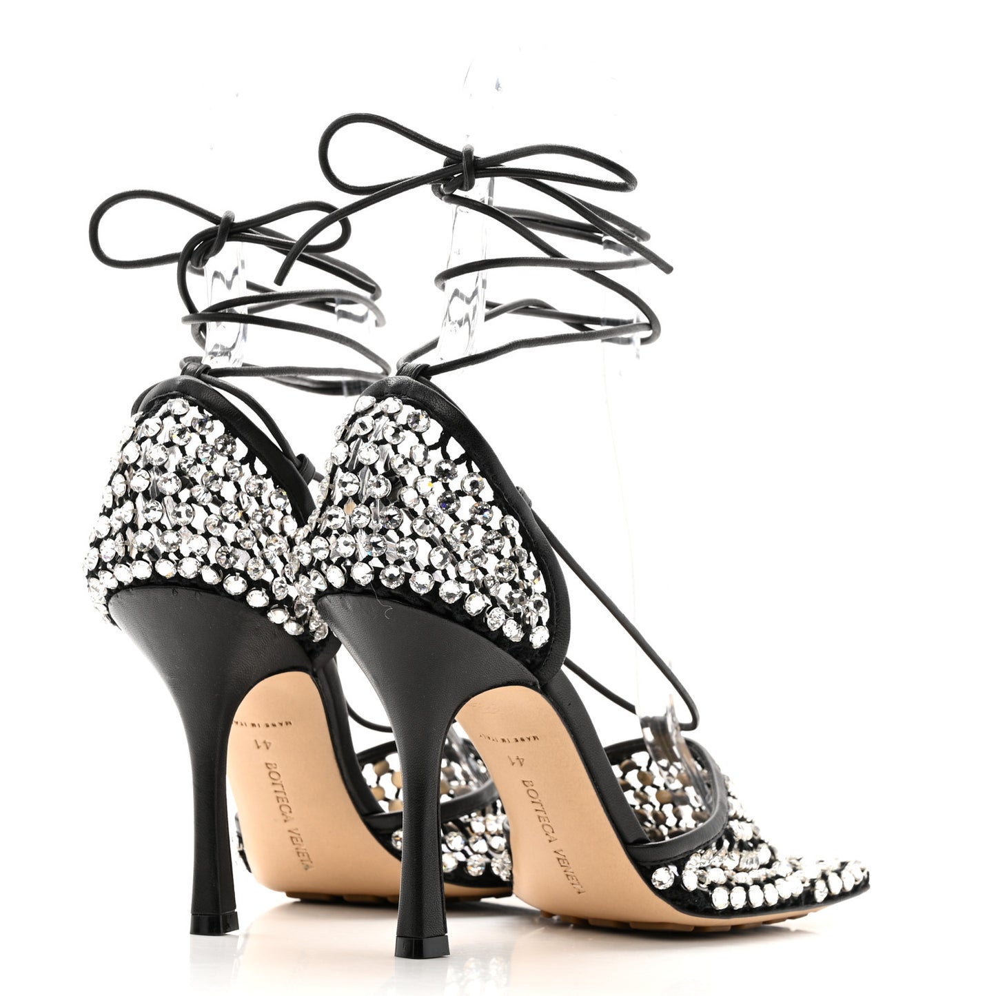Mesh Nappa Crystal Embellished Sparkle Stretch Ankle Tie Sandals 41 Black