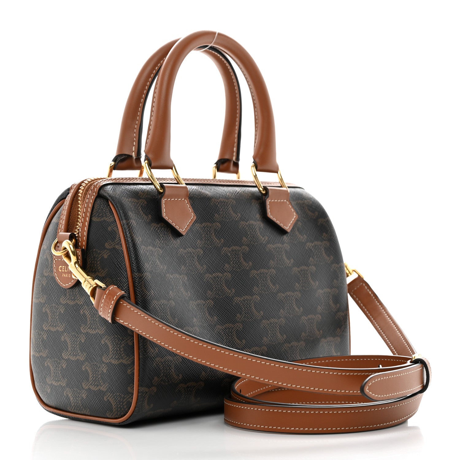 Celine Triomphe Canvas Calfskin Small Boston Bag Tan 2 of 10