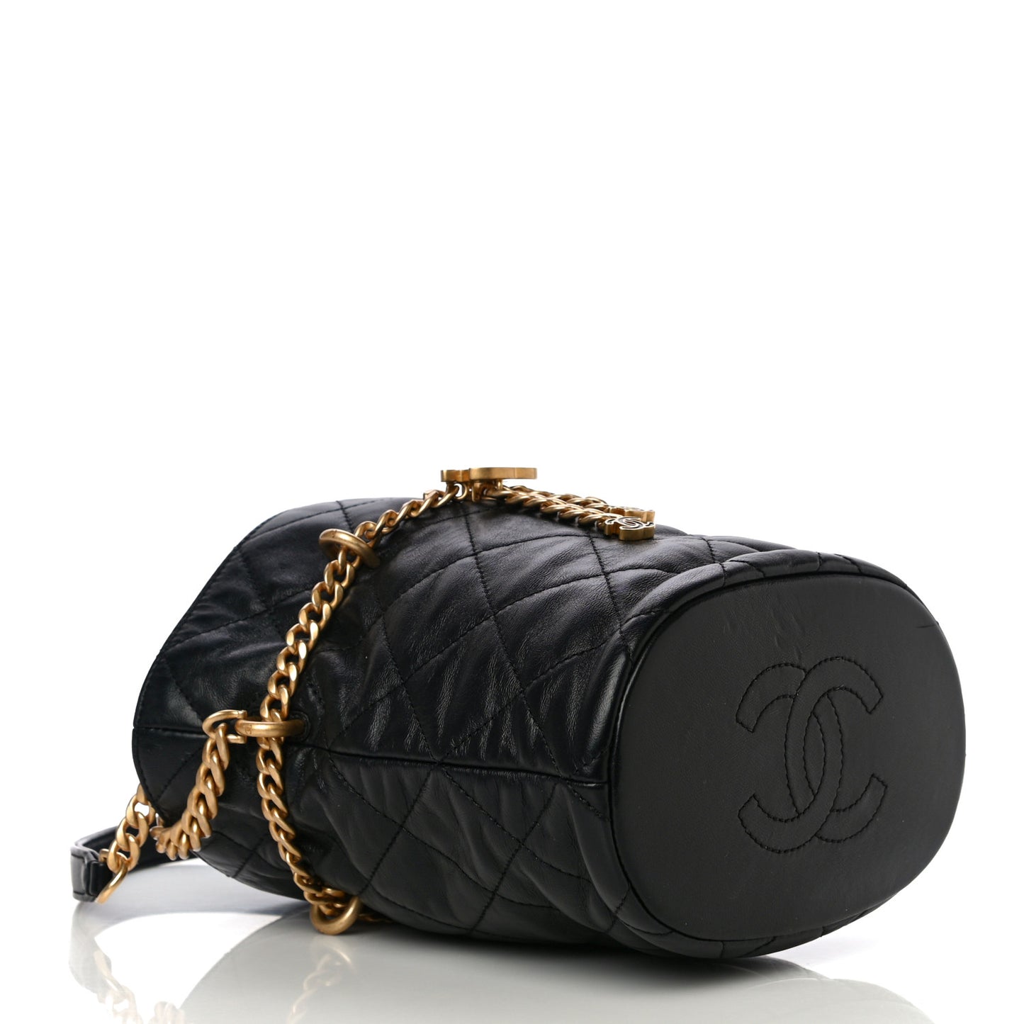 Lambskin Enamel Quilted Pending CC Bucket Drawstring Bag Black