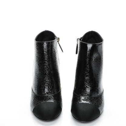 Chanel Crinkled Calfskin Grosgrain Pearl CC Cap Toe Ankle Booties 38.5 Black 2 of 7