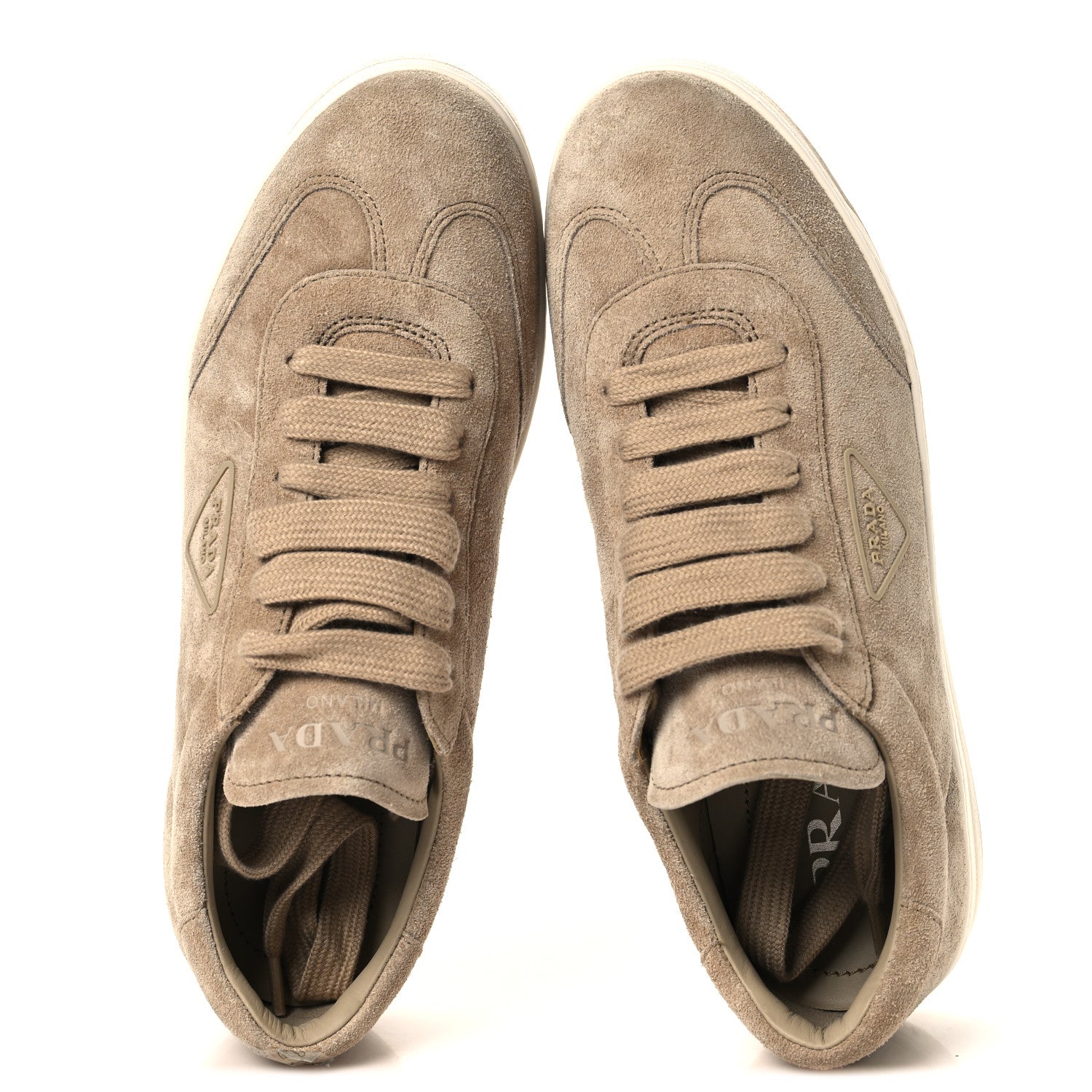Prada Suede Triangle Womens Low Top Sneakers 38.5 Beige 2 of 8