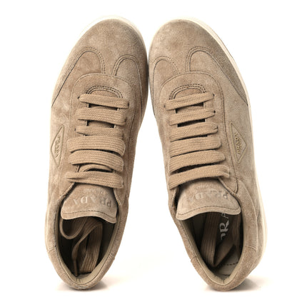 Prada Suede Triangle Womens Low Top Sneakers 38.5 Beige 2 of 8
